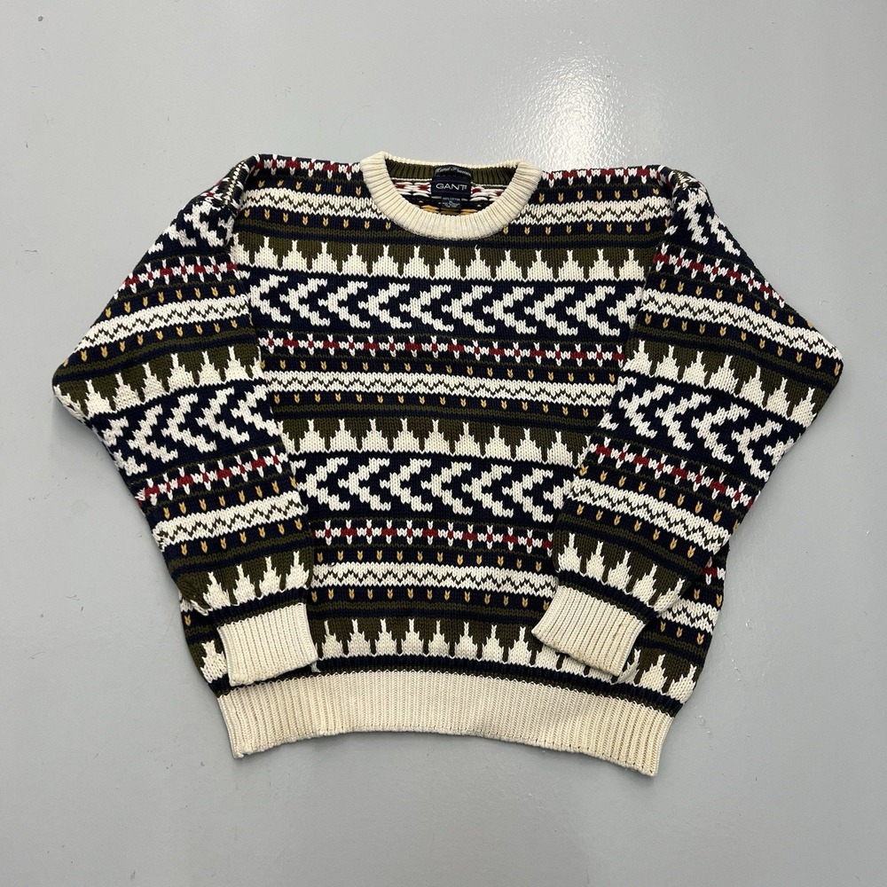 VTG Gant Sweater Hand Framed Argyle Geometric Knit Fisherman Nordic Mens Size XL